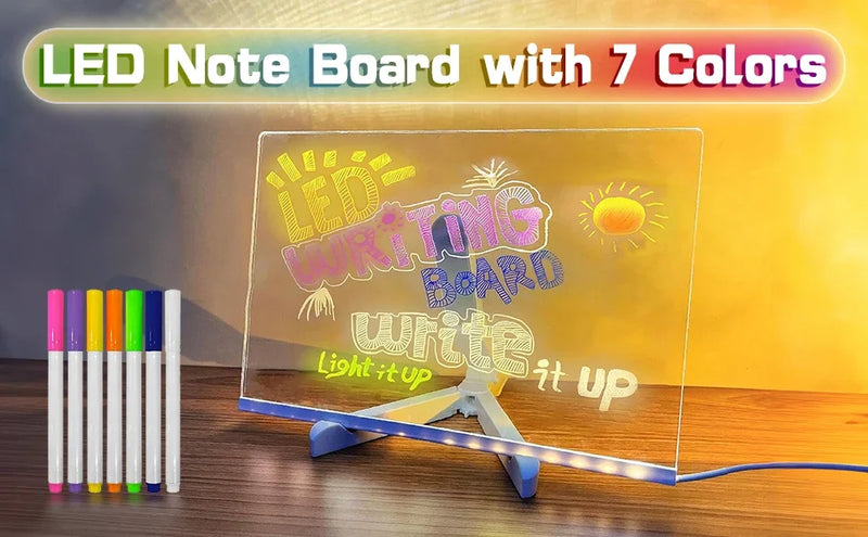 Quadro Mágico de Desenho com Luz LED — Acrílico Transparente, Apagável e com 7 Canetas Coloridas!