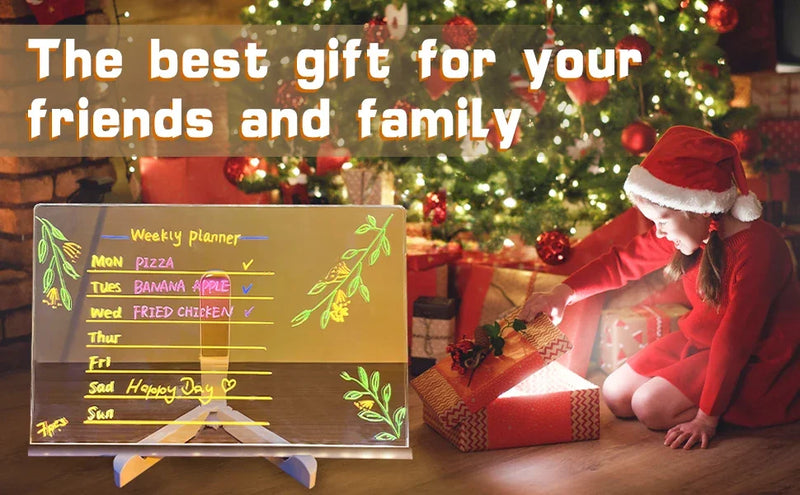 Quadro Mágico de Desenho com Luz LED — Acrílico Transparente, Apagável e com 7 Canetas Coloridas!