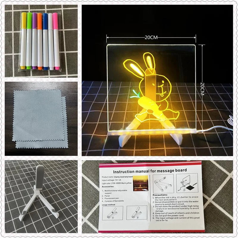 Quadro Mágico de Desenho com Luz LED — Acrílico Transparente, Apagável e com 7 Canetas Coloridas!