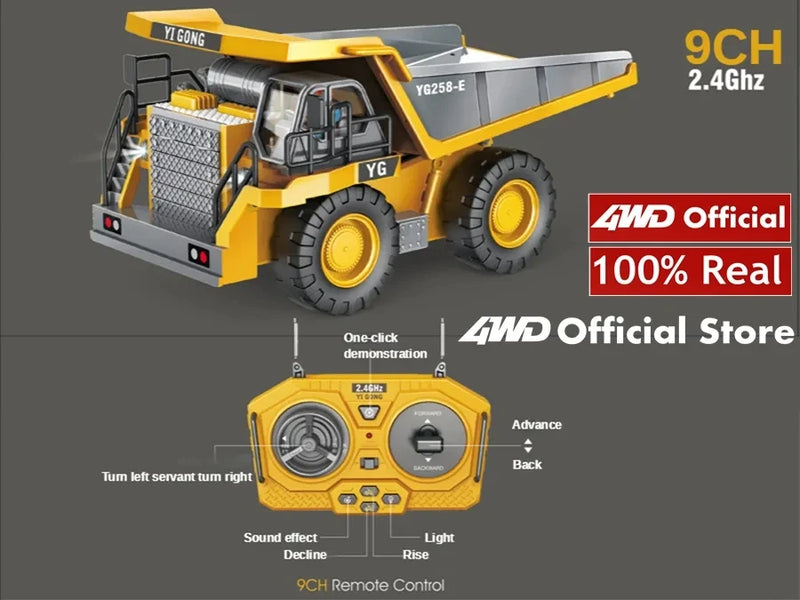 Escavadeira Controle Remoto 4x4 – Caminhão Basculante RC, Veículo Escavador, Trator Bulldozer, Carro de Construção