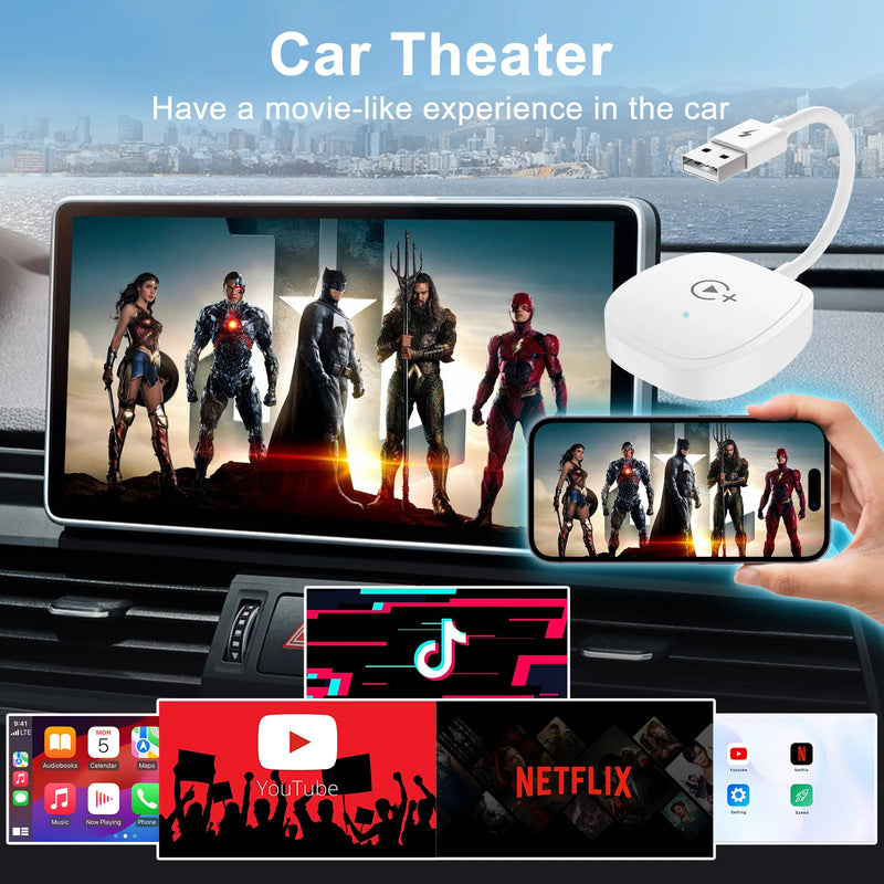 Adaptador CarPlay sem fio com suporte para YouTube, Netflix e TikTok