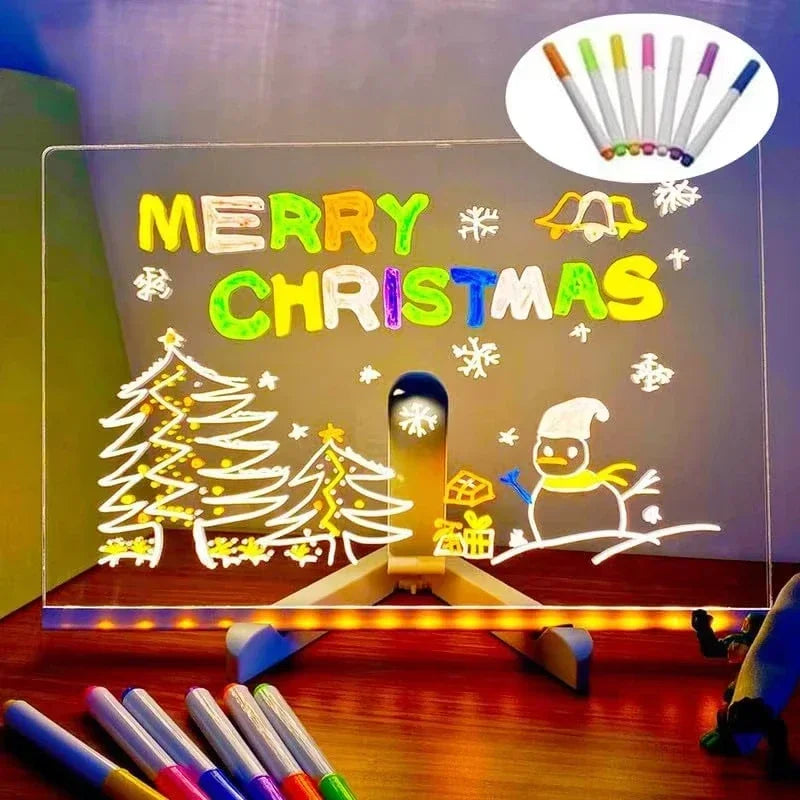 Quadro Mágico de Desenho com Luz LED — Acrílico Transparente, Apagável e com 7 Canetas Coloridas!