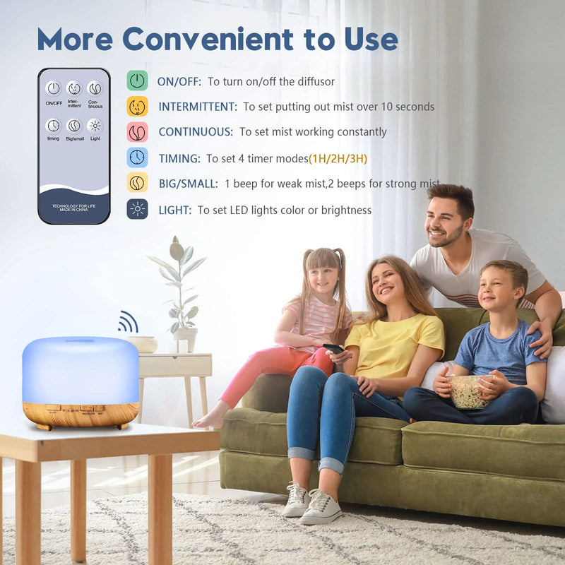 Difusor de Aromas 500ML (6 Óleos Opcionais), Umidificador Difusor de Óleos Essenciais 5V 2A com Controle Remoto
