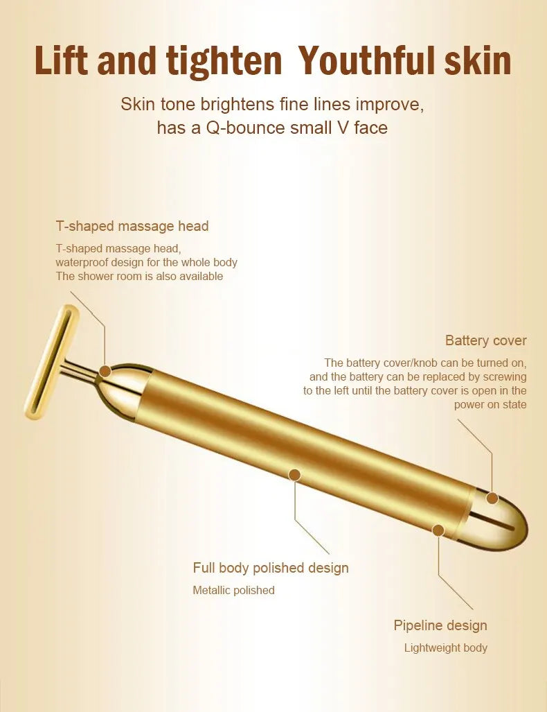 Beauty Bar 24K Electric Face Slimming Rod Golden Stick T Shaped Facial Massager Tightening Skin Electric Beauty Inst