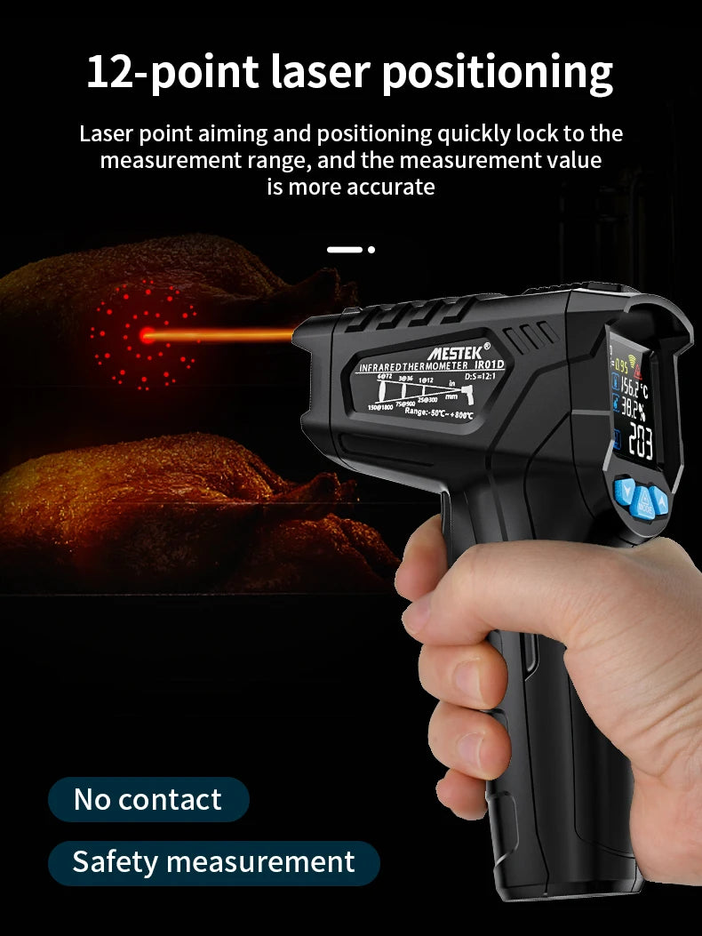 Termômetro Digital Infravermelho Mestek com Laser, Medidor de Temperatura sem Contato, Pirômetro, Higrômetro e Termômetro IR.