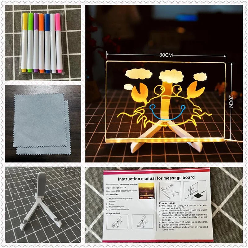 Quadro Mágico de Desenho com Luz LED — Acrílico Transparente, Apagável e com 7 Canetas Coloridas!