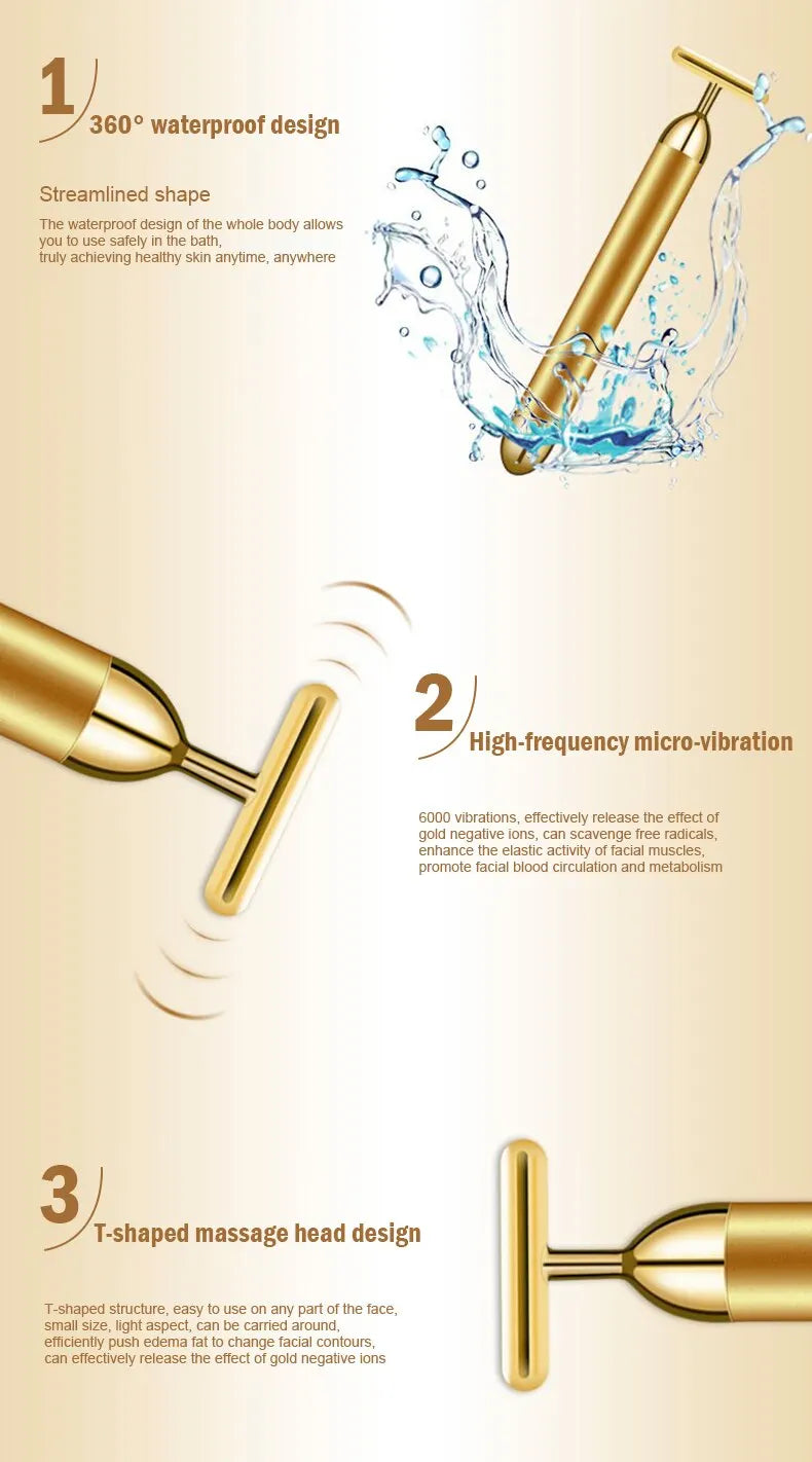 Beauty Bar 24K Electric Face Slimming Rod Golden Stick T Shaped Facial Massager Tightening Skin Electric Beauty Inst